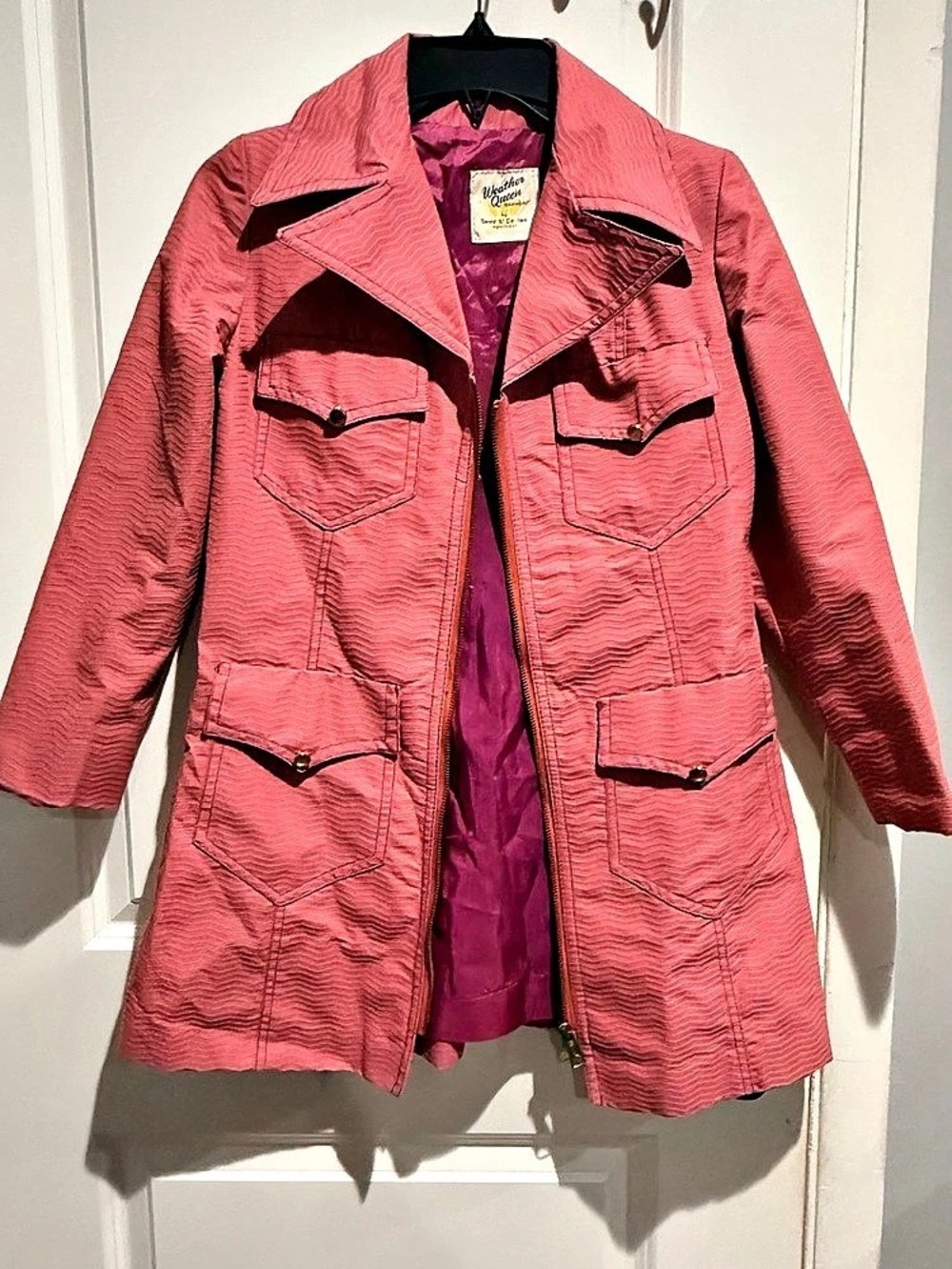 Vintage 70s Weather Queen Coral Pink Textured Trench Coat ✨